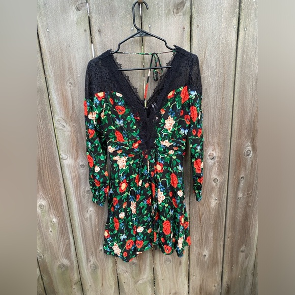 By Anthropologie Lacy V-Neck Mini Dress Floral Black Long Sleeve Size 2 - Picture 4 of 9